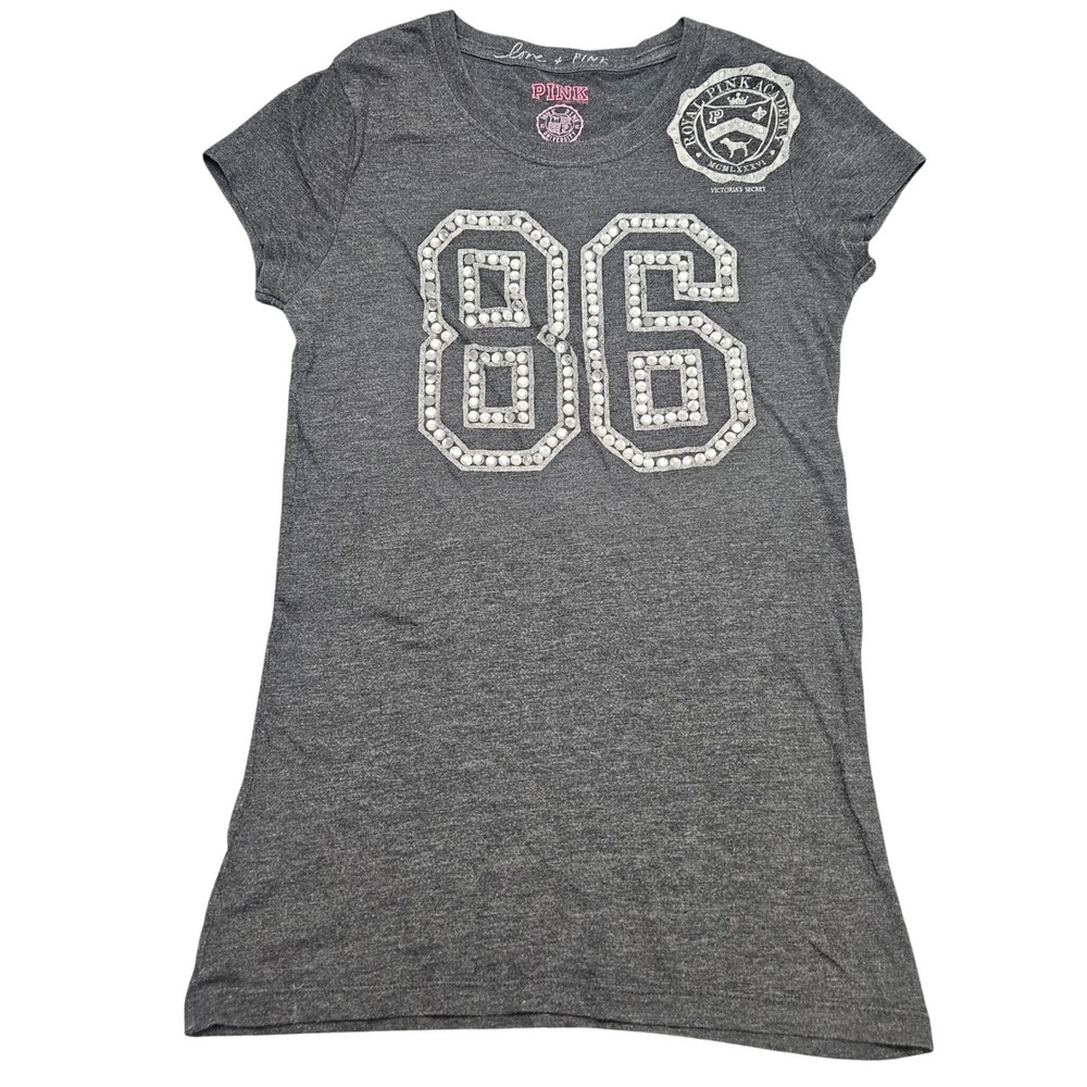 PINK Bling Graphic Tee Small Dark Gray Studded Logo Y2K Bling Sporty Casual